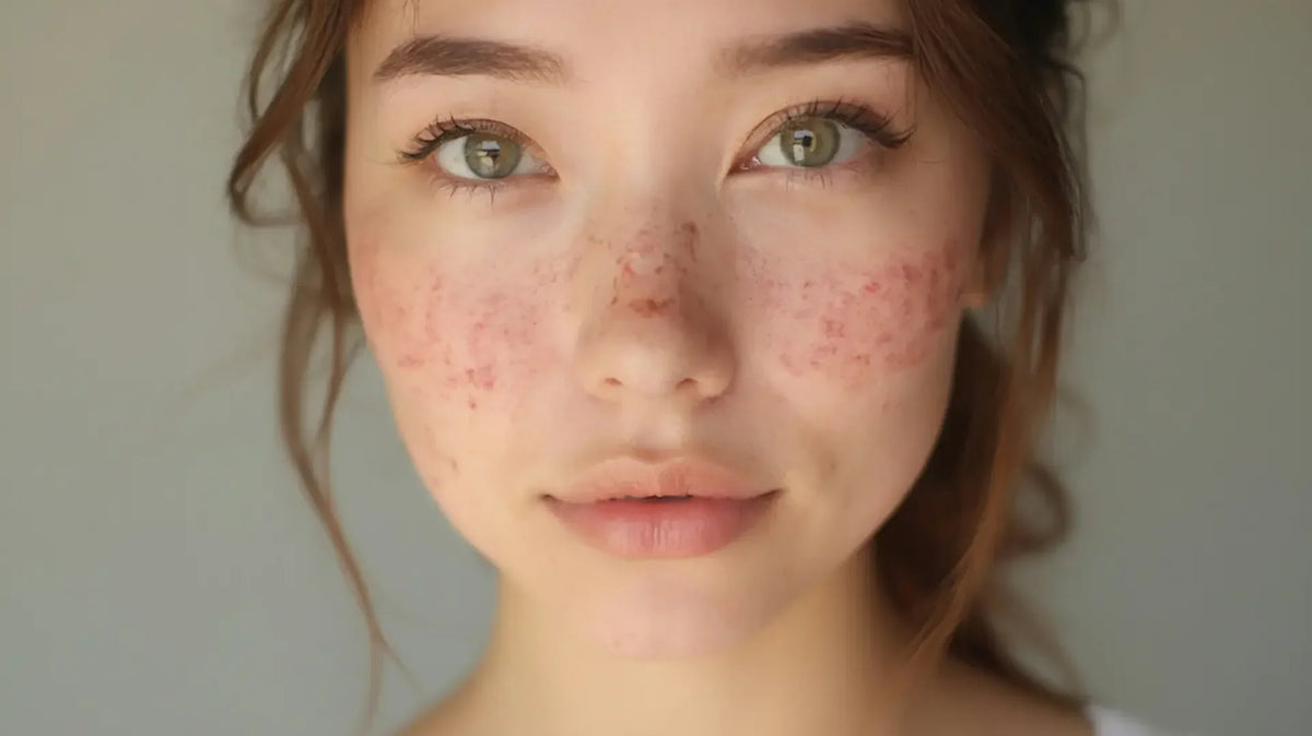 Close-up of a woman's face showing red, irritated skin patches associated with psoriasis — photo by Muthia Ashifa Salsabella