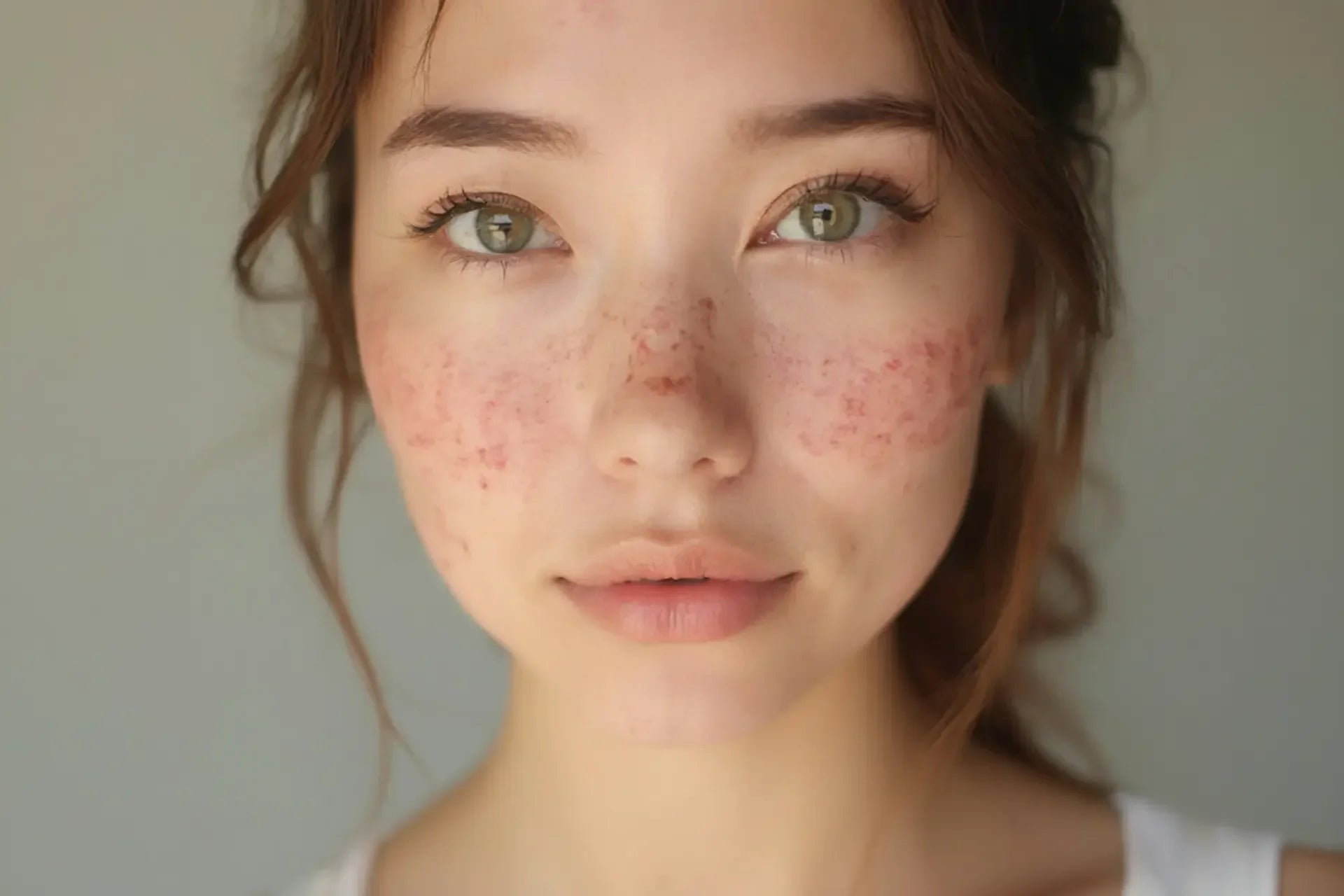 Close-up of a woman's face showing red, irritated skin patches associated with psoriasis — photo by Muthia Ashifa Salsabella