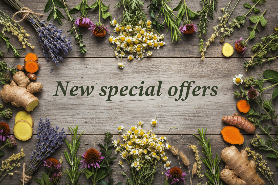 Background image of herbs used in natural remedies. text on top stating "New special offers"